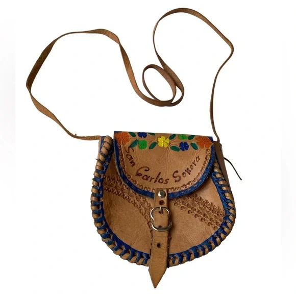 Authentic San Carlos Sonora Mexican  Handcrafted Leather Crossbody Bag Floral - Picture 2 of 12